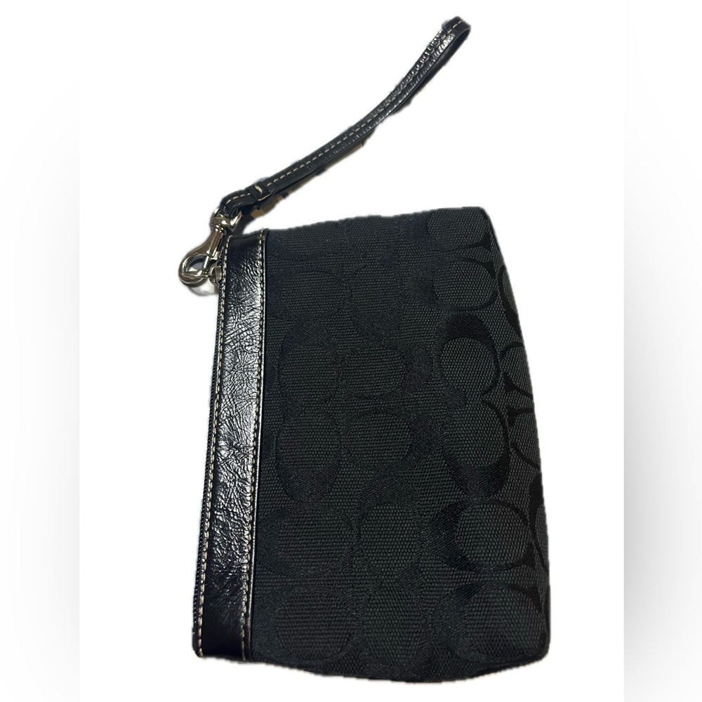 Coach signature wristlet pouch clutch wallet, black, red interior lining.